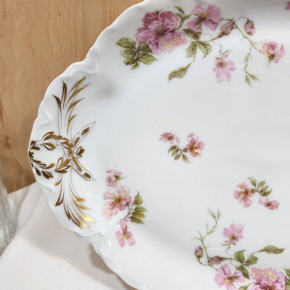 Theodore Haviland Limoges Platter 14x10" Schleiger 144 Green Scrolls Pink Rose - Picture 3 of 10